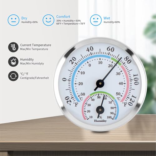 Mini Indoor Thermometer Hygrometer Analog 2 in 1 Temperature Humidity Monitor Gauge for Home, Wall, Room, Outdoor, Offices, Display Mechanical (Silver)