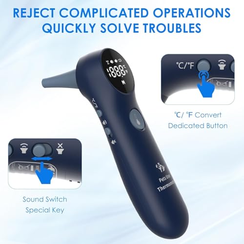 Pet Ear Thermometer for Dogs, Cats, and Livestock, Long Probe Designed, ℃/ ℉ Convert and Sound Switch Dedicated Button, 1 Second Measurement, 20 pcs Pet Swabs Included(Blue) - color: Blue