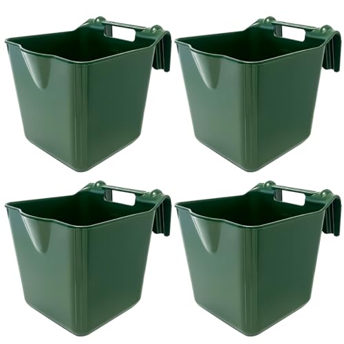 Horse Feed Bucket, 15 Quart Plastic Stall Hook Over, Green 4-Pack | Sturdy Hooks Secure to Gates or Fences, Versatile Bucket Suits Goats, Sheep, Livestock in Farms, Workshops, Yards