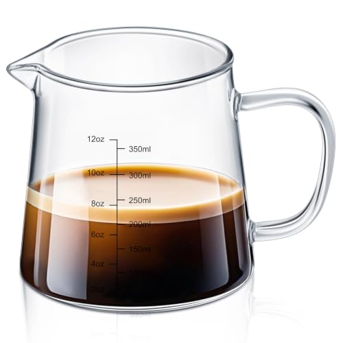 Honeydak 1 Pack 12oz Glass Espresso Measuring Cup for Milk Frothing | Heat Resistant V-shaped Spout, Measurement Markings, Microwave Dishwasher Safe, Gift for Coffee Lovers and Latte Making