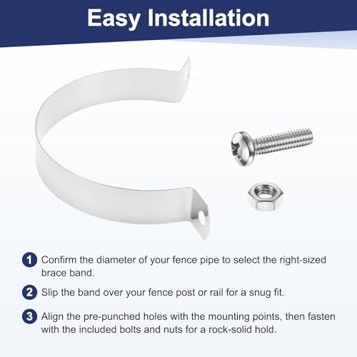 M METERXITY 6-Pack Brace Bands Chain Link Fence Parts, 2-3/8 Inch Galvanized Steel Chain Link Brace Band with Bolts and Nuts for Fence/Gate/Posts/Rust-Resistant [Silver]