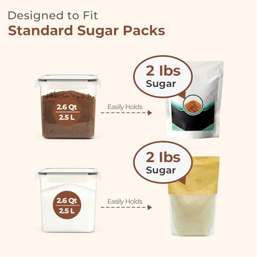 ComSaf Airtight Brown Sugar Containers with Terra Cotta Saver 2.6Qt 2Pack | Plastic Food Storage Canister with Lid, Sugar Flour Cereal Oats, Pantry Kitchen, Stackable Brown Sugar Keeper, Label & Scoops - size: 2.6Qt-Square
