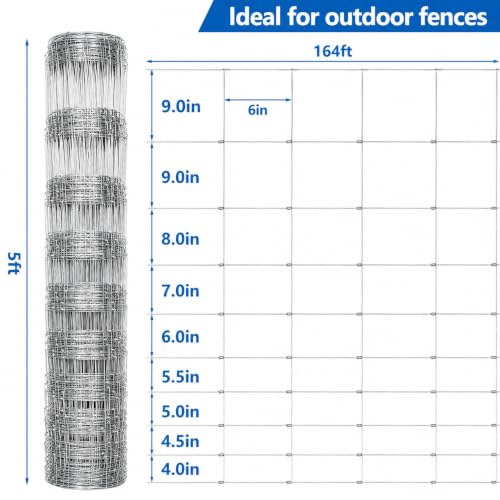 Farm Fence 5ft x 164ft Galvanized Woven Wire Livestock Cattle Fence | Heavy Duty Hog Wire Fencing for Goat, Deer and Cattle, Ranch, Yard, Garden, Animal Barrier and Outdoor Farm Protection - size: 5ft X 164ft