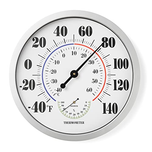 Indoor Outdoor Thermometer Wall Large Numbers Thermometer No Battery 12" Hanging Digital Weather Hygrometers for Home Garden Outside Patio Decor (Silver) - color: Silver, size: 12"