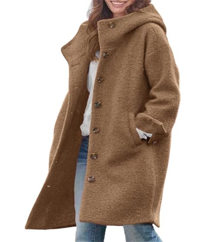 chouyatou Women's Winter Single Breasted Long Wool Coat with Hood Casual Wool Blend Trench Coat Jacket - color: Brown, size: Small