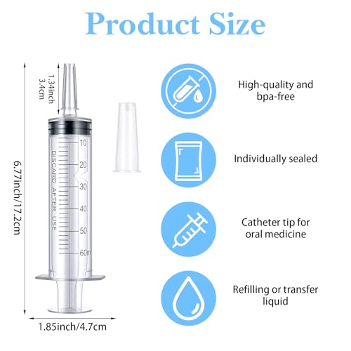 20 Pcs 60ml Syringe with Cap, Plastic Large Syringes for Liquid | Individually Wrapped, Measurement Syringes, without Needles, for Pet Feeding, Scientific Labs, Glue Applicator