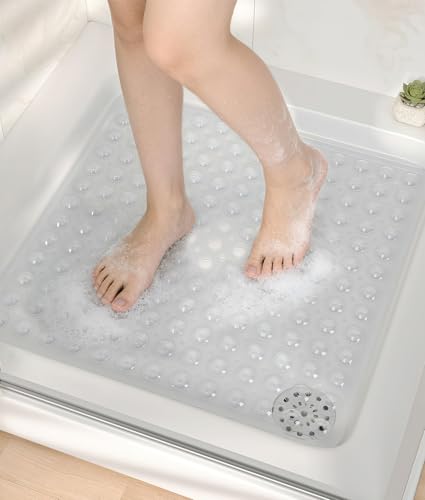 ADOV Square Shower Mat Non Slip, 21 x 21 in Bathtub Mat with 164 Strong Suction Cups, Drain Holes, Machine Washable, Soft Anti-Slip Bathroom Mat for Inside Shower, Tub and Shower Stall - Clear - color: White