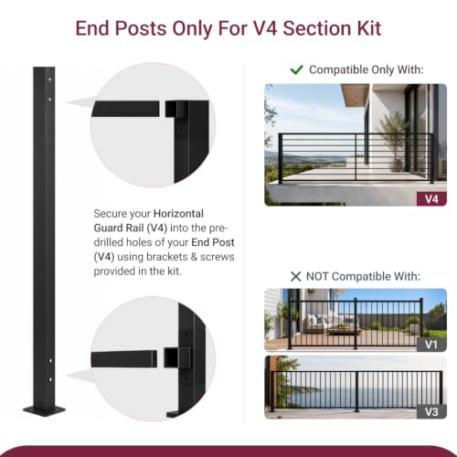 CR Fence & Rail V4 (ONLY) Horizontal Guard Rail End Post DIY Kit, Bracket Included (NOT Compatible with Other Systems) - size: V4 - 36", style: 36" - 2x End Posts