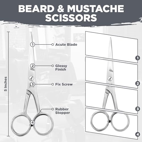 Mustache & Beard Scissors for Men – Stainless Steel Grooming Kit with Comb & Travel Case – Sharp Facial Hair Trimming Tool for Mustache, Beard, Nose & Eyebrows - color: Silver