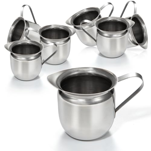 Fit Meal Prep [6 Pack] 8 oz Creamer Pitcher - Stainless Steel Bell Creamers, Mini Cup Container for Serving Milk, Coffee Cream, Salad Dressing, Maple Syrup, Espresso Machine for Restaurant, Cafes - size: 8 oz