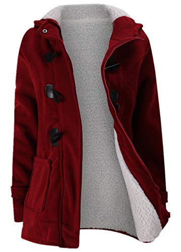 JiangWu Womens Fashion Horn Button Fleece Thicken Coat with Hood Winter Warm Jacket - color: Wine-red, size: Small