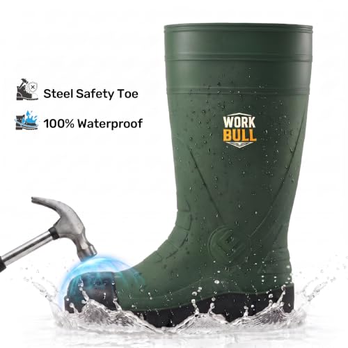 Men's Steel Toe Rain Boots, Waterproof Knee High Work Boots | Slip & oil resistant outsole for construction, farm and industrial work. - color: Green, size: 9