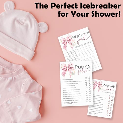 True or False & Baby Shower Feud Theme Baby Shower Game Activities-30 Pink Bow & Floral Double-Sided Game Cards(5’’x7 ’’) & 1 Answer Card(4’’x6’’) For Boys & Girls-Gender Neutral Decor & Supplies-A03 - color: True Or False & Baby Shower Feud