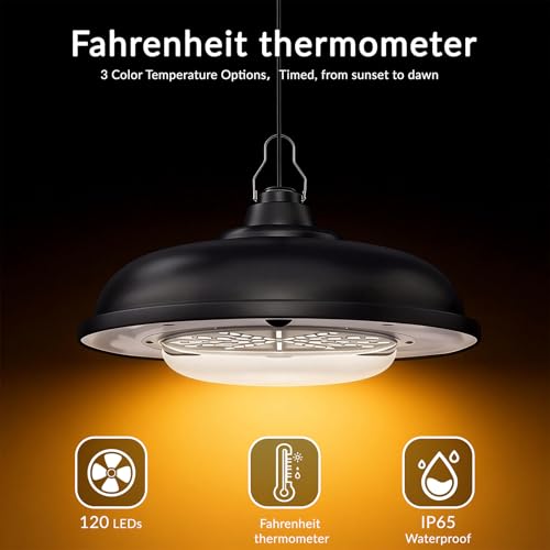 Solar Light & Thermometer Hygrometer Set | 3 Color Dimming Hanging Lamp with Remote Control & Dusk to Dawn | Waterproof for Shed Chicken Coop Gazebo Garage Greenhouse - size: Without pulleys