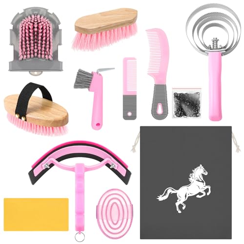 Abbylike 12 Pieces Horse Grooming Kit Racing Festival Tack Room Supplies Horse Brush Sets Equine Care Cleaning Kit Shedding Grooming Massaging Tools(Pink and Grey) - color: Gray