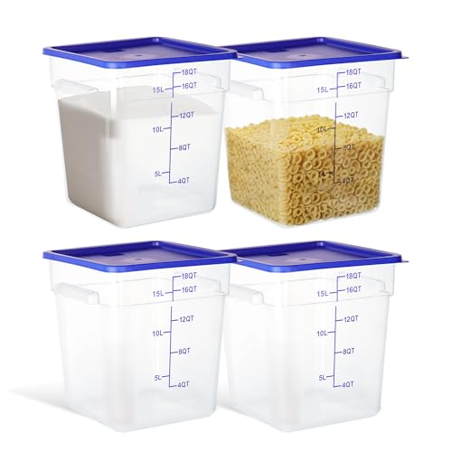 4 Pack 18QT Square Food Storage Containers with Lids | Clear NSF polycarbonate containers with scale, label and measuring cup, stackable for prep, storage, freezer. Dishwasher safe - color: 18Qt