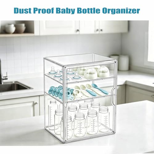 Baby Bottle Storage Organizer for Countertop, Clear Feeding Bottles Station | 3 Tiers Acrylic Baby Bottles Holder Container with Adjustable Dividers & Magnetic Door for Kitchen Cabinet, New Mom Gifts