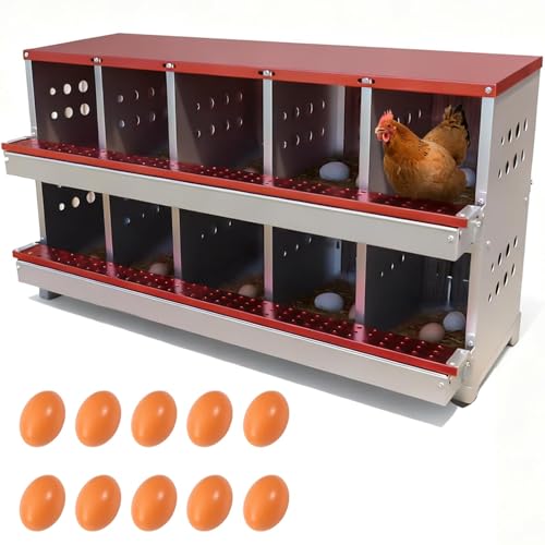10-Compartment Chicken Nesting Box, Heavy Duty Galvanized Steel Poultry Nest Box, Wall Mount/Freestanding Design for Hens, Ducks, Backyard Homesteads & Farm Use, Red, with 10 Eggs, No Stand - color: Red, size: 10 Room&eggs