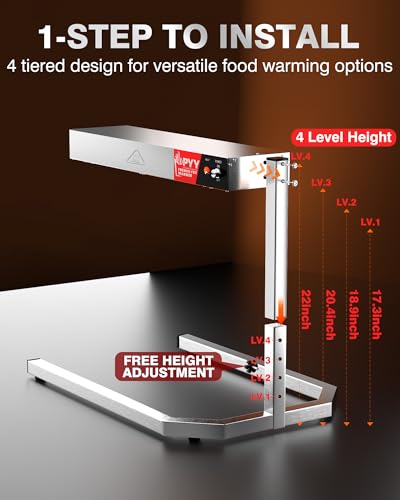PYY French Fry Warmer - 500W Food Heat Lamp with U Shape Base Stand Stainless Steel Commercial Fry Warmer for French Fries Electric Heating Radiation, Adjustable Height, Silver - size: 18L Adjust Height
