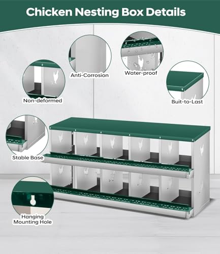10 Compartment Chicken Nesting Box, Heavy Duty Metal Laying Box with Perch, Easy Assembly & Easy Clean for Outdoor Chicken Coop, Green - color: Green, size: 10 Compartment