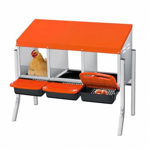 Galvanized Steel Chicken Nesting Box 3 Compartment with Pull Out Tray, Roll Away Nest Boxes for Laying Hens Egg Collection, Wall Mount Poultry Nest Box for Coop with Handle, Orange, with Legs - color: Orange, size: 3 Compartments with Support Legs