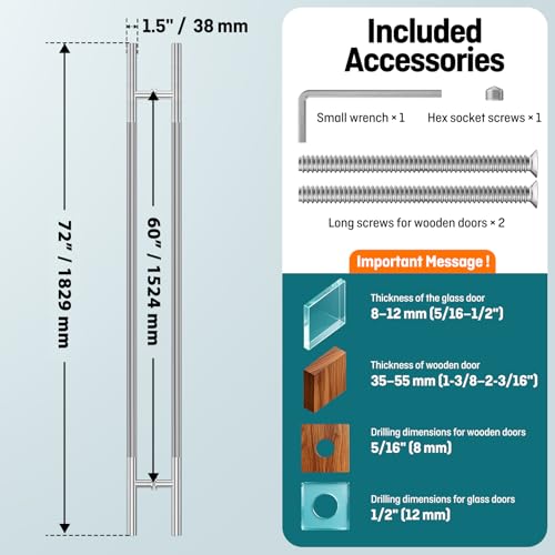 Ranbo 72" Knurled Door Pull Handle, 60"(1524mm) CTC, Polished Chrome | Heavy Duty 1.5mm 304 Stainless Steel, Back to Back Pull Handles for Interior/Front /Barn/Commercial/Entrances, Enhanced Grip - size: 72 Inch