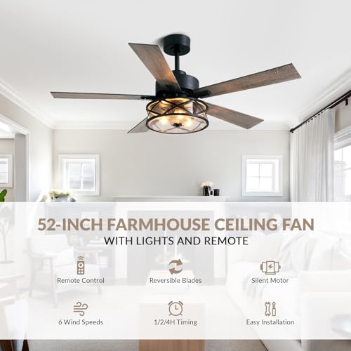 Farmhouse Ceiling Fan with Lights 52 Inch Caged | Bubble glass shade farmhouse fandelier with walnut blades, quiet DC motor, remote, 6 speeds, timer for stylish living spaces - size: 52 Inch - Walnut