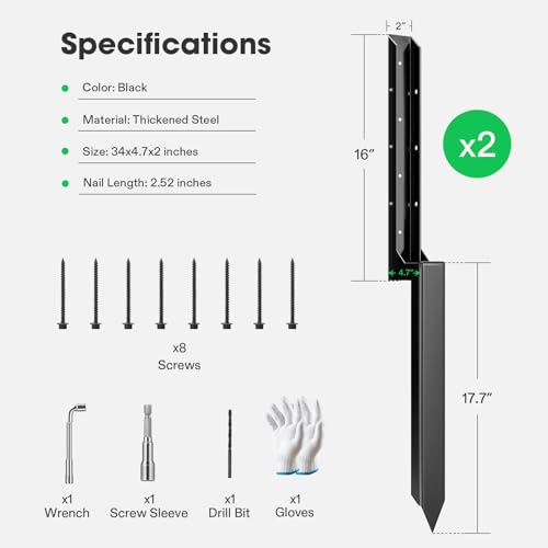 VIVOSUN 2 Pack Fence Post Repair Kit | Heavy-Duty Ground Spike with Gloves for Repairing Tilted or Broken Wood Posts