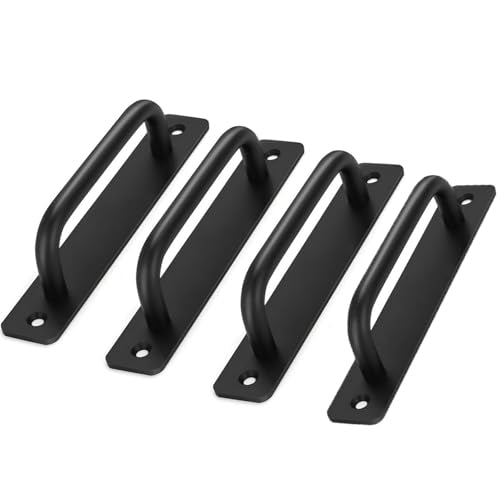 Metal Heavy Duty Barn Door Handle Flush Long Base Handle Pulls for Gate Shed Garage Door Drawer 4 Pieces (L, Black)