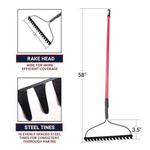 Bow Rake 16" Tines, Heavy Duty Steel Garden Rake for Leaves | 58" Fiberglass Long Handle, Rake For Lawn Debris, Mulch, Soil and Gravel, 100% Made in USA