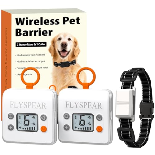 FLYSPEAR Wireless Pet Barrier with 2 Transmitters - Rechargeable Indoor Barrier with 6 Adjustable Range Radius up to 7 ft, 6 Adjustable Safe Static Intensity, Electric Fence System for Dogs with Hook