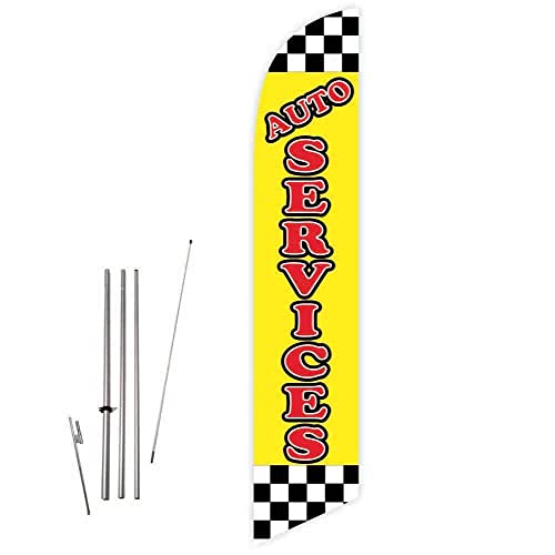 GLOBAL ADVERTISING SOLUTIONS Auto Repair Feather Flag Eye Catching Banner Sign for Business and Marketing Complete Set with 15 ft Pole Kit and Ground Spike (Auto Services) - style: Auto Services