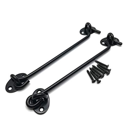 2 Pack 8" Hook and Eye Latch Black for Gate, Shed, Garage | 6mm Thick Stainless Steel, Rust-Resistant Black Coating, Stay Latched in Wind, Secure Privacy Latch, For Windows Barn Doors - size: 8 Inch