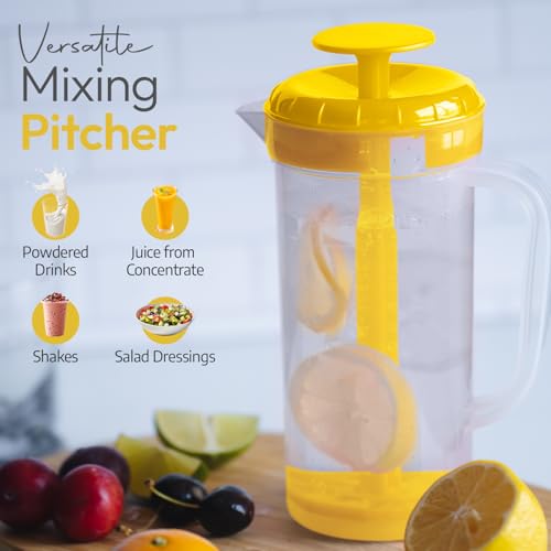 1 Quart Plastic Mixing Pitcher with Mixing Lid, BPA Free, Shatterproof Beverage Jug for Iced Tea, Lemonade, Juices, Milk – Leak-Proof, Easy Stirring, Dishwasher Safe | Yellow - color: Yellow, Mixing Pitcher w/ Opt. Lid