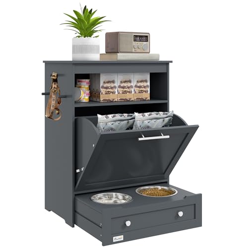 PawHut Dog Feeding Station with Raised Bowls, Pet Feeder Station, Gray | Dog Food Storage Cabinet, Hanger for Feeding & Watering Supplies - color: Gray