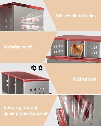 8-Compartment Chicken Nesting Box, Heavy Duty Galvanized Steel Poultry Nest Box, Wall Mount/Freestanding Design for Hens, Ducks, Backyard Homesteads & Farm Use, Red, with 8 Eggs, No Stand - color: Red, size: 8 Room&eggs