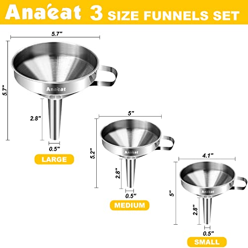 Anaeat 3 Pack Stainless Steel Kitchen Funnel Set, Multi-Use Premium Metal Food Grade Cooking Funnels with 2 Removable Strainer Filter for Transferring Liquid or Dry Ingredients & 1 Pc Cleaning Brush