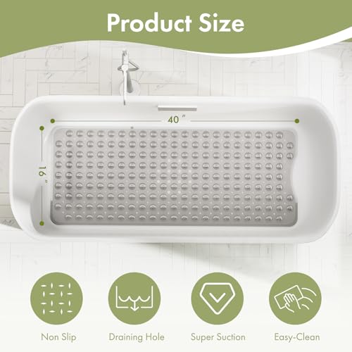 AmazerBath Shower Mat Non Slip 40 x 16 Inches, Shower Stall Mats with Suction Cups and Drain Holes, Non Slip Bath Mat for Tub for Elderly & Kids, Clear Gray - color: Clear Gray, size: 40" x 16" (Rectangular)