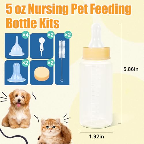 DEMORA Kitten Bottle Feeding Kit, Graduated Nursing Feeding Bottles for Pet Kitten Puppy Hamster Rabbit with Two Kinds of Replaceable Nipples Feeder (Clear, 5 oz)