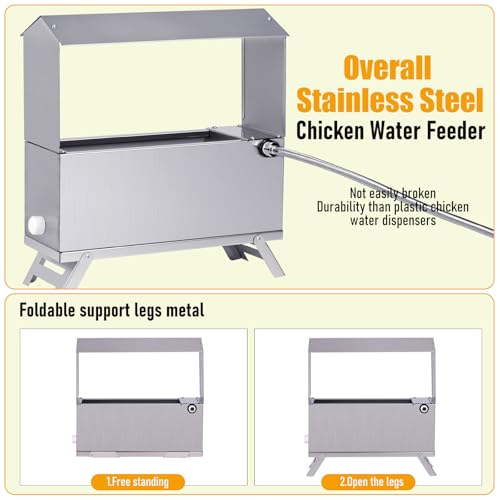 Stainless Steel Automatic Chicken Waterer, Hands-Free Hydration | Float-Controlled Chicken Wate Dispenser, 60 Inch Hose, Legs, Lid, Easy To Clean, Chicken Coop, For Pigeon Duck Goose Turkeys