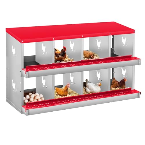 8-Compartment Chicken Nesting Box, Heavy Duty Galvanized Steel Poultry Nest Box, Wall Mount/Freestanding Design for Hens, Ducks, Backyard Homesteads & Farm Use, Red, 10 Mats &4 Eggs, No Stand - color: Red, size: 8 Room&Mat eggs