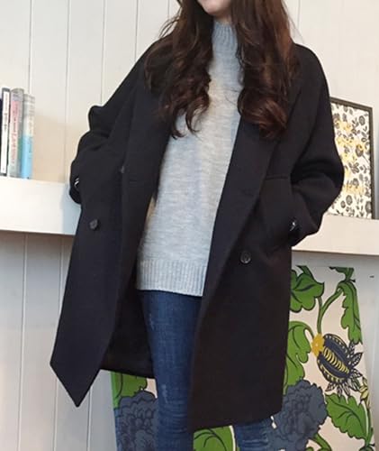 Women's Winter Double Breasted Coats Casual Loose Notch Lapel Wool Blend Pea Coat Warm Long Overcoat - color: Black, size: Small