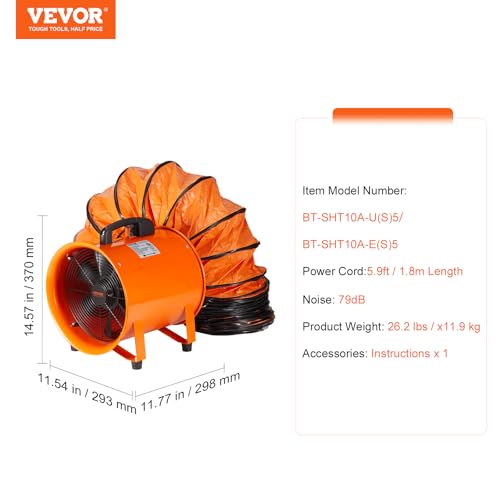 VEVOR Air Mover Blower Fan 10 Inch, 1893CFM 380W with 16.4ft Flexible Duct, Industrial Portable Ventilator Blower/Exhaust - size: 10in-16ft