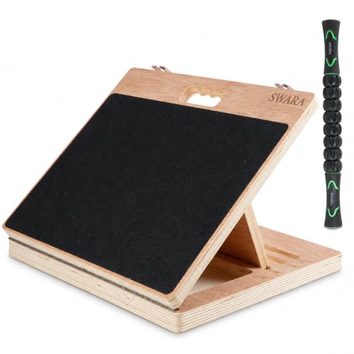 Swara 12.6″ Wooden Slant Board for Calf Stretching & Exercise, Foldable | Adjustable Calf Stretcher with Guide, Bonus Muscle Roller, Ankle Mobility Support, 400lb Capacity and Stable Foldable Design - size: 12.6x14 Inch