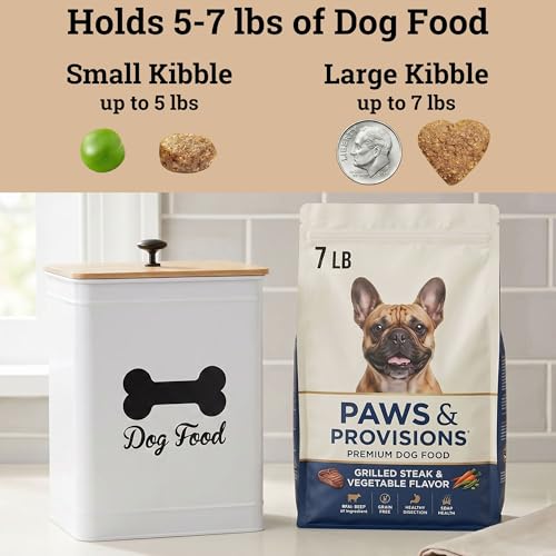 Metal Dog Food Container 5-7lb, 25 Cup w/ Airtight Bamboo Lid, Metal Handle | Pet Jar For Dogs up to 50lbs, Airtight Bamboo Lid, Sturdy Comfortable Metal Handle, Powder Coated Iron, Kibble Storage Bin - color: White: Bone