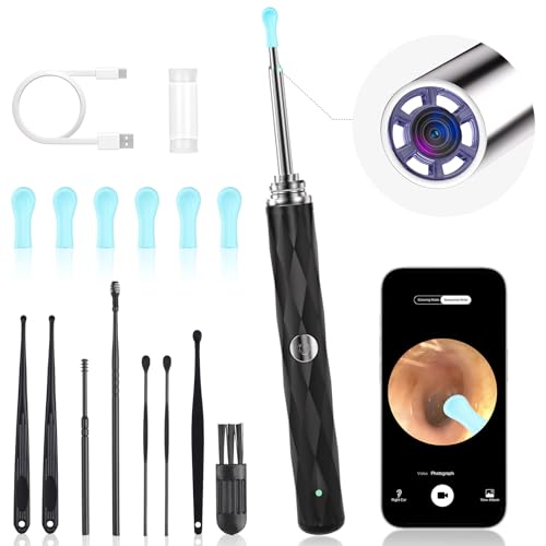 High-Definition Ear Wax Removal, Wireless Ear Cleaner, Safe and Gentle Ear Wax Removal Kit, Rechargeable Ear Cleaner with Camera and Light, Ear Cleaning Kit for Android and iOS (Black) - color: Black
