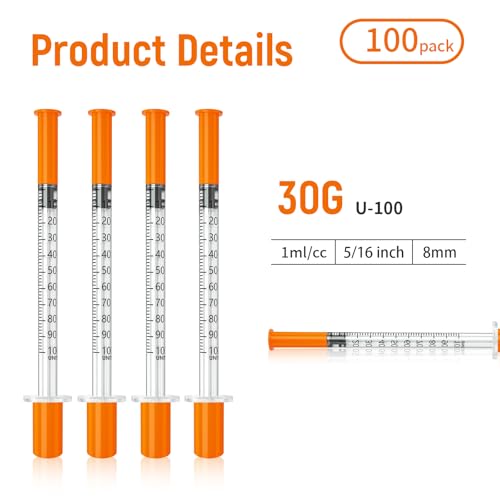 Jeringas con agujas para inyectar, 30G 1ml/cc 5/16" (8mm) jeringas, Pack of 100 - size: 1ml-30G 5/16", style: 100 Pack