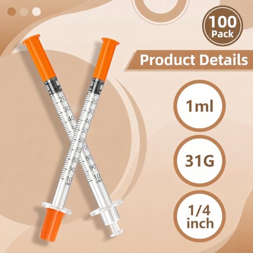 1ml 31G 1/4" (6mm) Lab Syrings, Individually Wrapped, Box of 100 - size: 1ml 31G 1/4 Inch