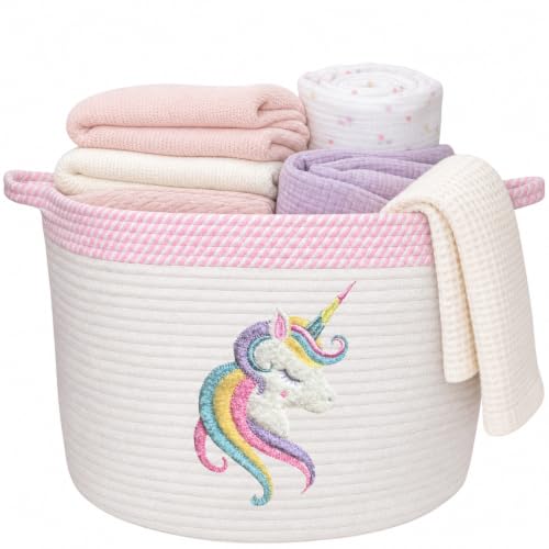 Unicorn Baby Storage Basket, Woven Cotton Rope Nursery Bin, 15x11 in | Stuffed Animal and Blanket Storage, Soft Felt Unicorn Patch, Baby Girl Room Decor, Shower Gift, Kids Playroom Organizer - color: Unicorn