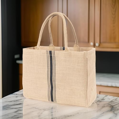 KAF Home Jute Market Tote Bag with Handles, Triple Stripe - color: Triple Stripe